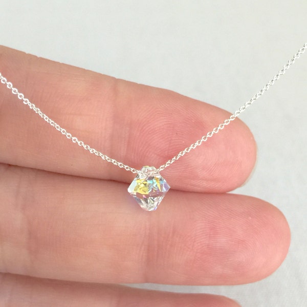 Sterling Silver Bridesmaid Crystal Necklace, Illusion Necklace, Very Sparkle Crystal, Swarovski Necklace, Dainty Minimalist Necklace