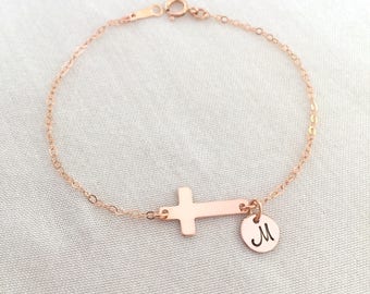 Personalized Rose Gold Filled Cross Bracelet, Sideways Cross, Gold Fill Baptism Bracelet, Baby Girl Christening, Baby Boy, Simple Cross