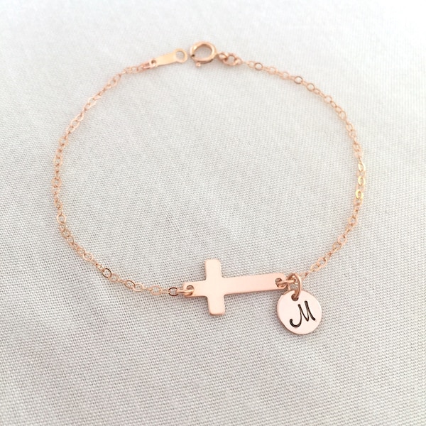 Personalized Rose Gold Filled Cross Bracelet, Sideways Cross, Gold Fill Baptism Bracelet, Baby Girl Christening, Baby Boy, Simple Cross