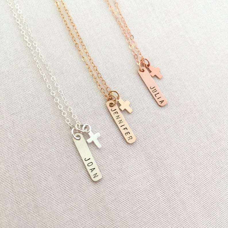 Confirmation Gift Rose Gold Gold Cross Custom Mini Bar Necklace Cross Necklace Gift from Godmother Baptism Necklace Christening Gift