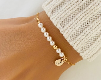Personalized Pearl Bracelet, Bridesmaid Bracelet, Rose Gold Bead, Gold Bead, Silver Bead, Flower Girl, Little Girl Gift, Bridesmaid Gift