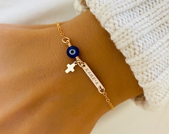 Dainty Evil Eye Bracelet, Baby First Bracelet, Christening Jewelry, Cross Bracelet, Protection Jewelry, Amulet Bracelet, Blue Evil Eye