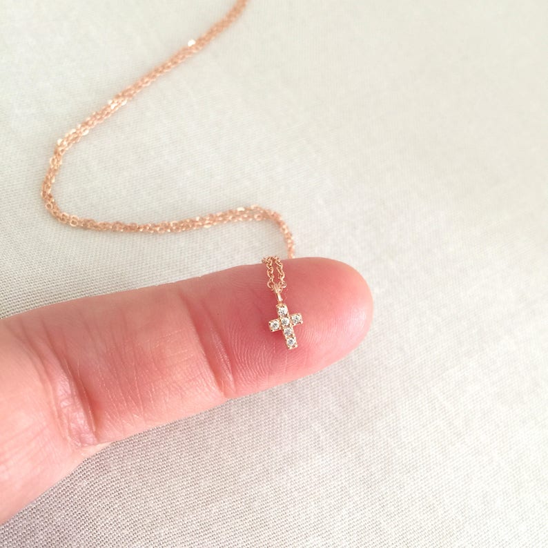 Tiny Rose Gold Cross CZ Necklace, Christening Gift, First Communion Necklace, Baptism Jewelry, Catholic Necklace, Rose Gold Cross, Dainty image 1