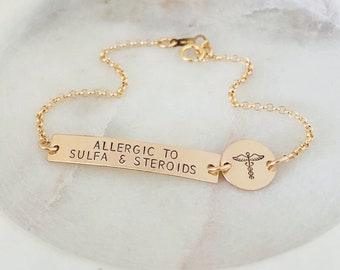 Pulsera personalizada para alergias, pulsera de identificación médica, pulsera de alerta médica dorada, joyería médica, alerta médica para mujeres, pulsera para niños con diabetes tipo 1