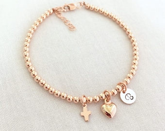 Rose Gold Baby Baptism Bracelet, Cross Bracelet, Christening Jewelry, First Communion Gift, Religious Bracelet, Heart, Gold Fill, Silver