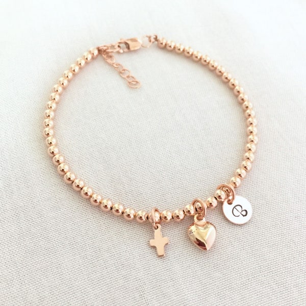 Bracelet de baptême bébé en or rose, bracelet croix, bijoux de baptême, cadeau de première communion, bracelet religieux, coeur, remplissage d'or, argent