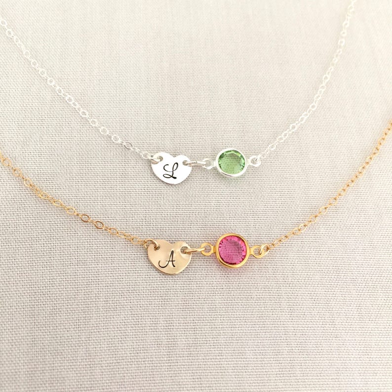 Personalised Initial and Birthstone Necklace, Heart Jewelry, Birthtday Gift, Sweet 16, Little Girl Gift, Gift for Her, Mini Heart, Mum Gift image 2