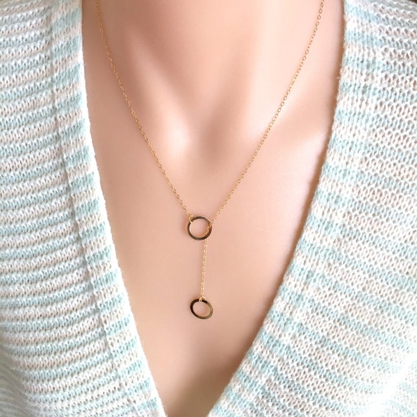 Lariat Circle Necklace, Long Circle Necklace, Double Circles Necklace, Y Circle Necklace, Gold Circle Necklace, Minimalist Necklace,Everyday