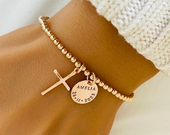 Rose Gold Cross Bracelet, Personalized Christening Bracelet, First Communion Gift, Goddaughter Jewelry, Goddaughter Bracelet, Baby Bracelet