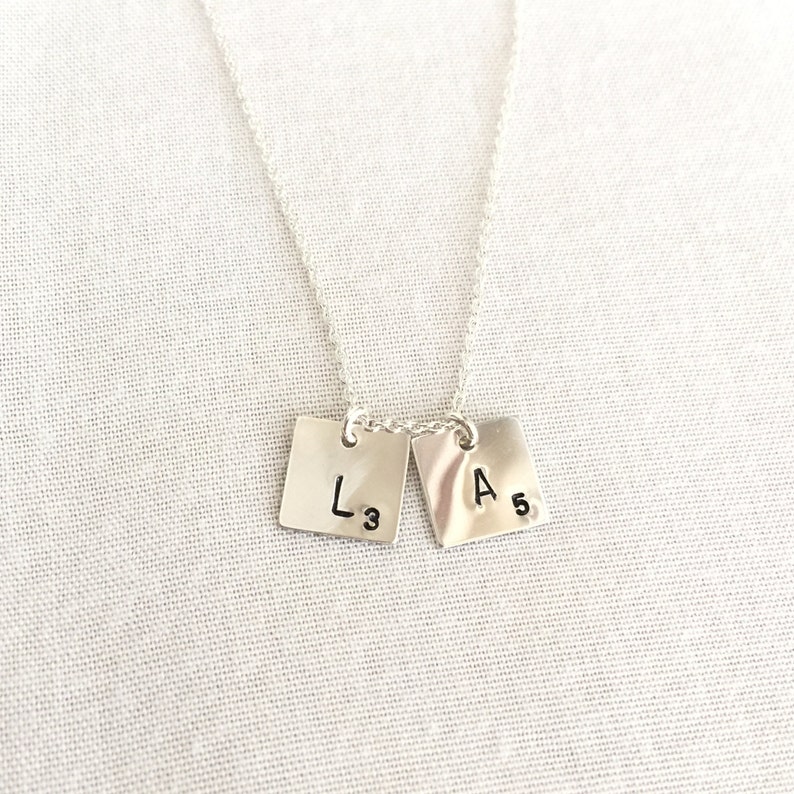 Customized Necklace Scrabble Pendant Initial Disc Square Disc Necklace Sterling Silver Scrabble Necklace Couple Necklace Mom Necklace