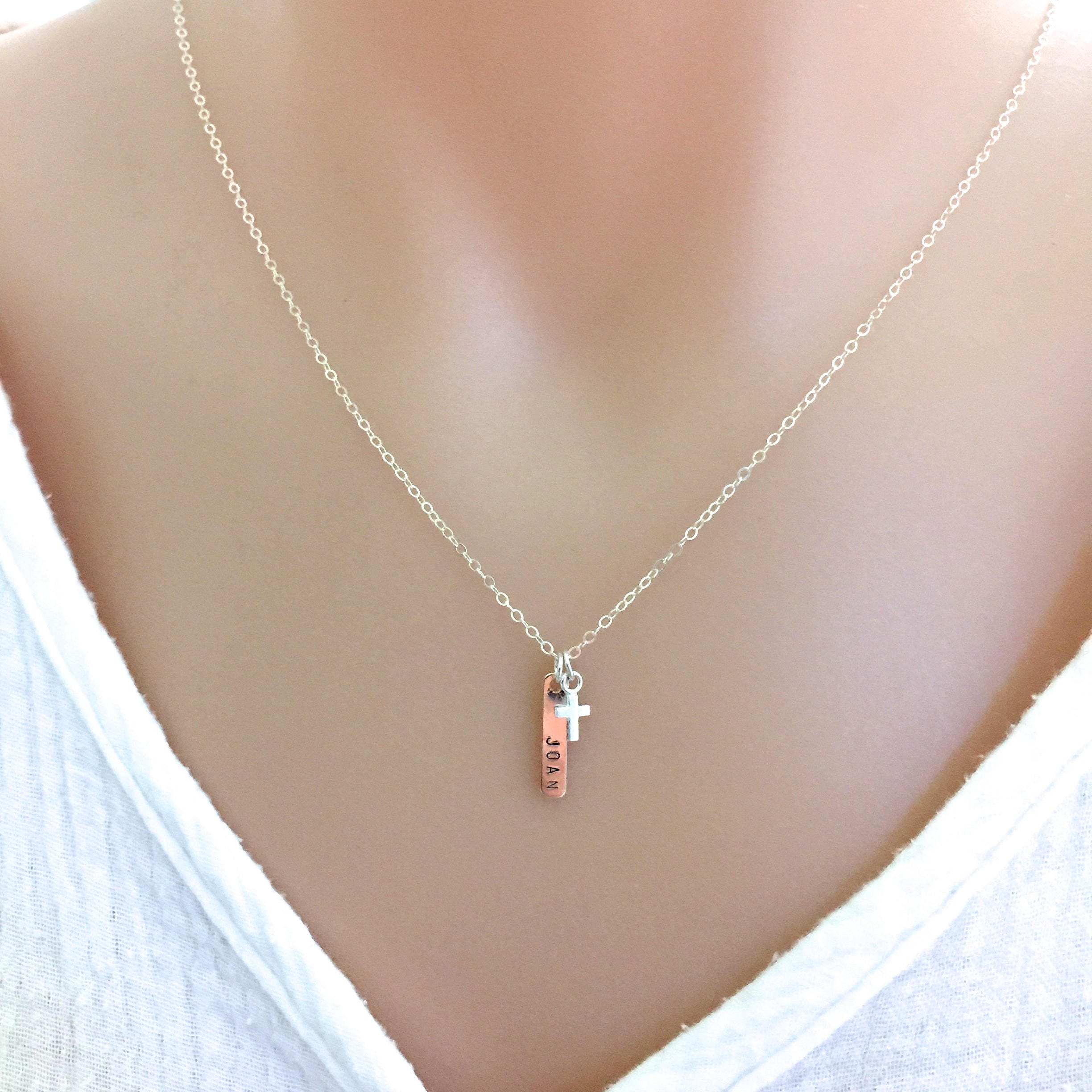 Custom Mini Bar Necklace Cross Necklace Baptism Necklace Etsy