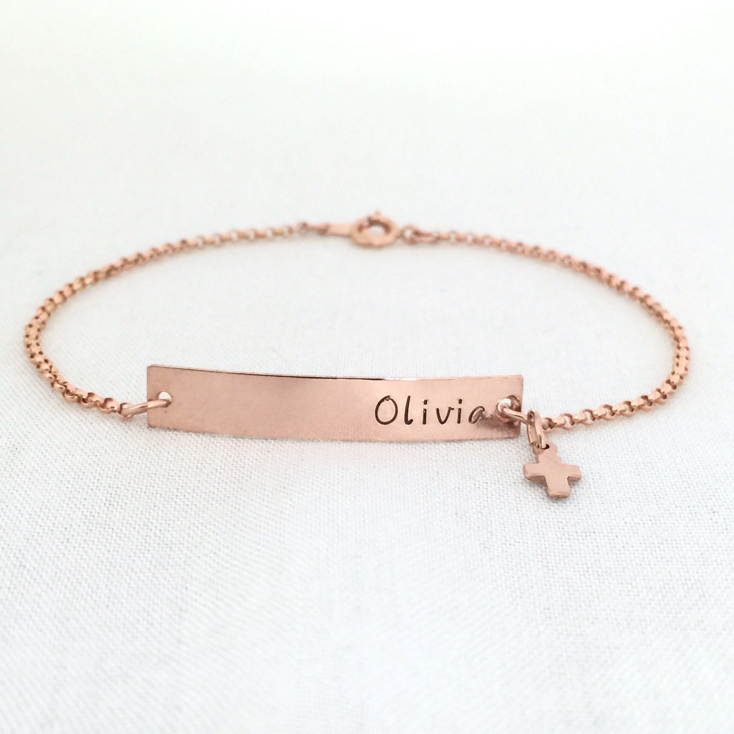 Rose Gold Bar Bracelet Baby Baptism Gift Cross Jewelry Etsy