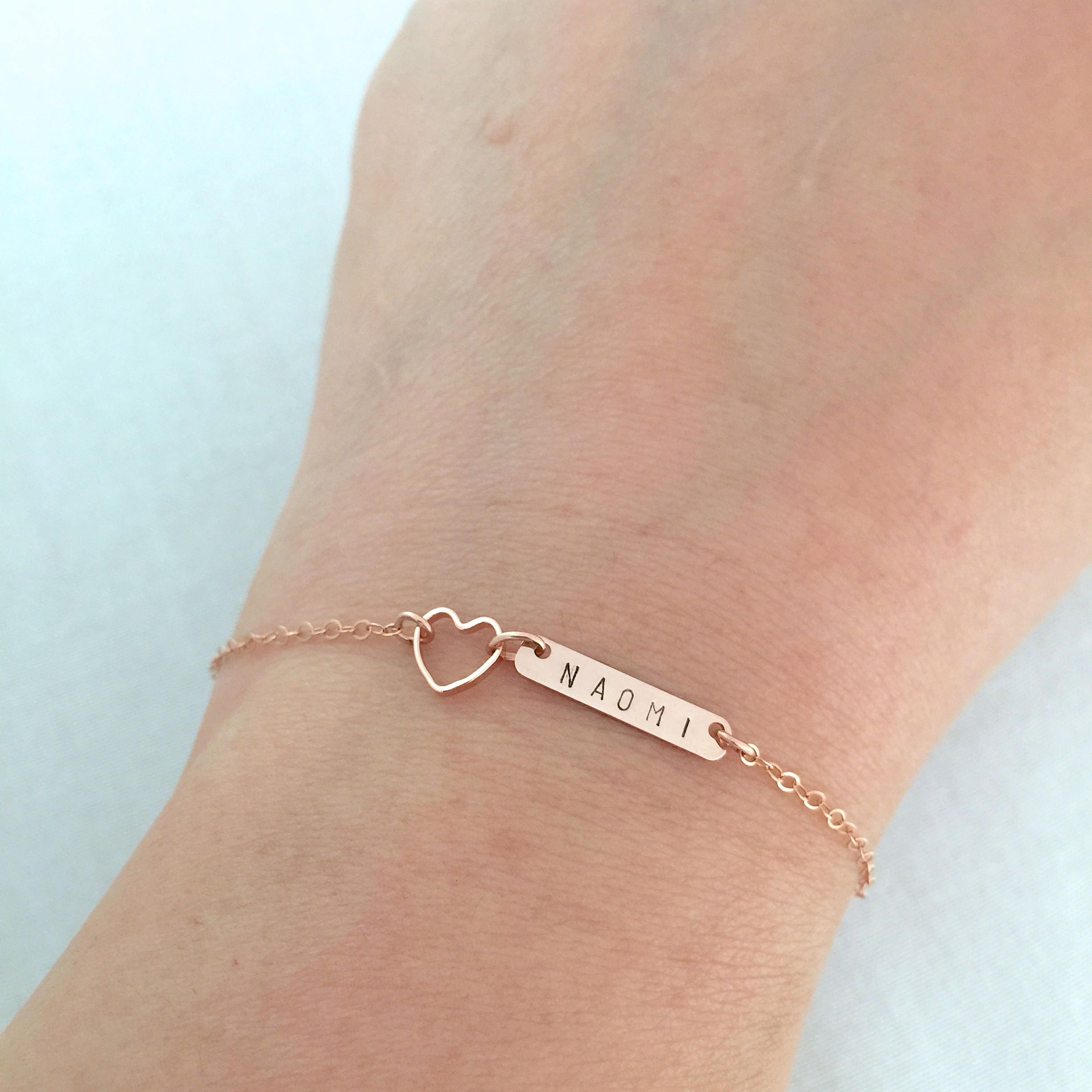 Little Girl Name Bracelet Rose Gold Heart Dainty Bar Etsy Australia