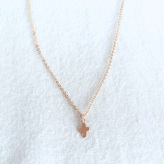 Tiny Rose Gold Cross Necklace Dainty 