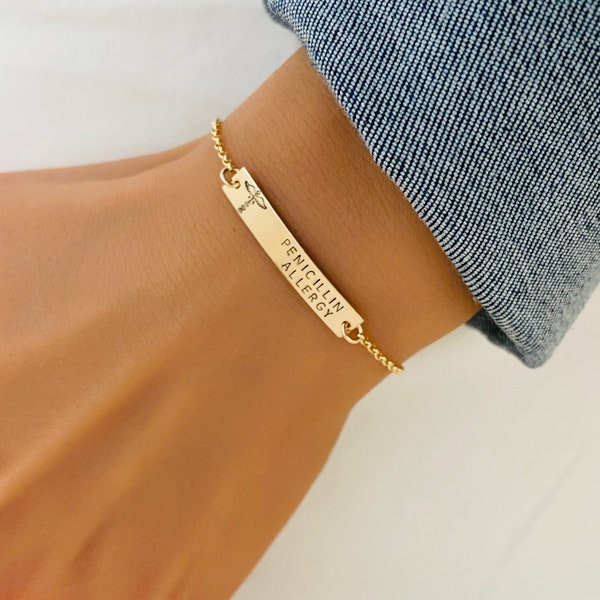 Gold Fill Allergy Bracelet, Medical ID Bar Jewelry, Type 1 Diabetic, Medical ID Jewelry, Penicillin Allergy, Nut Allergy, One Side ONLY