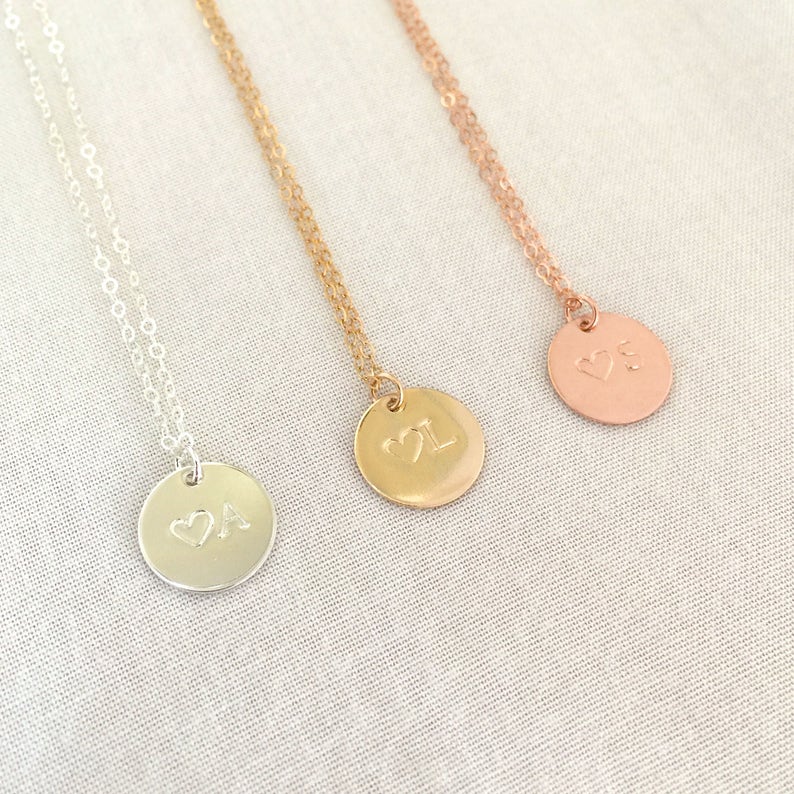 Adoption Necklace Mother/'s Necklace Simple Initial Necklace Rose Gold Initial Sterling Silver Heart Gold Fill Disc Gift For Her
