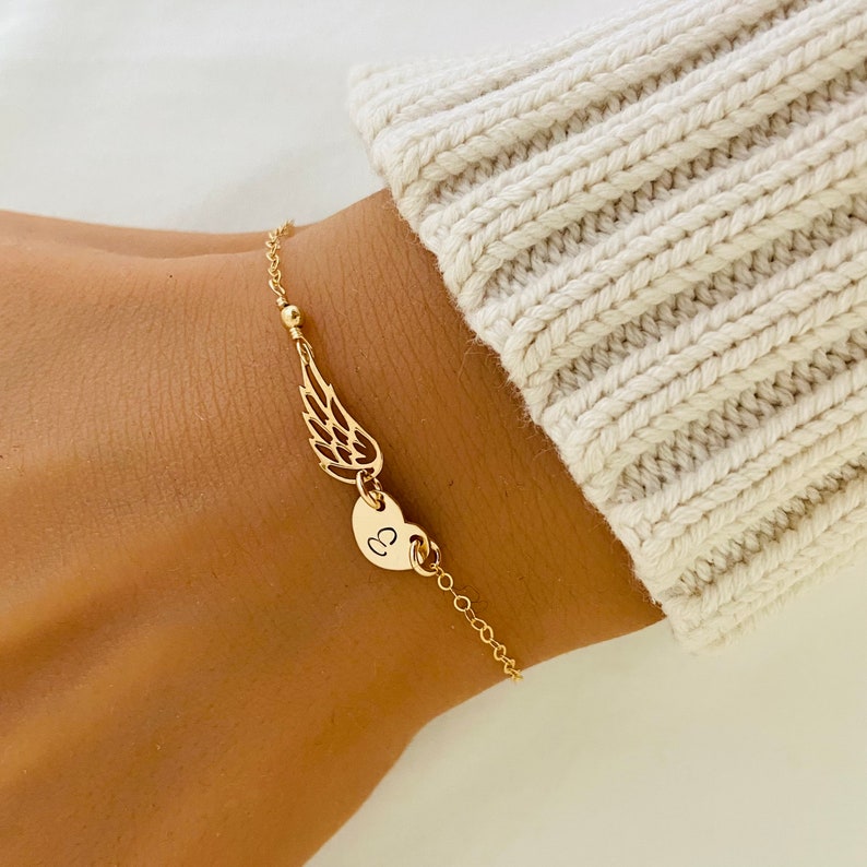 Personalized Angel Wing Bracelet, Heart Bracelet, Initial Heart, Memorable Bracelet, Mother's Bracelet, Gold Wing, Silver Wing, Infant Loss image 2