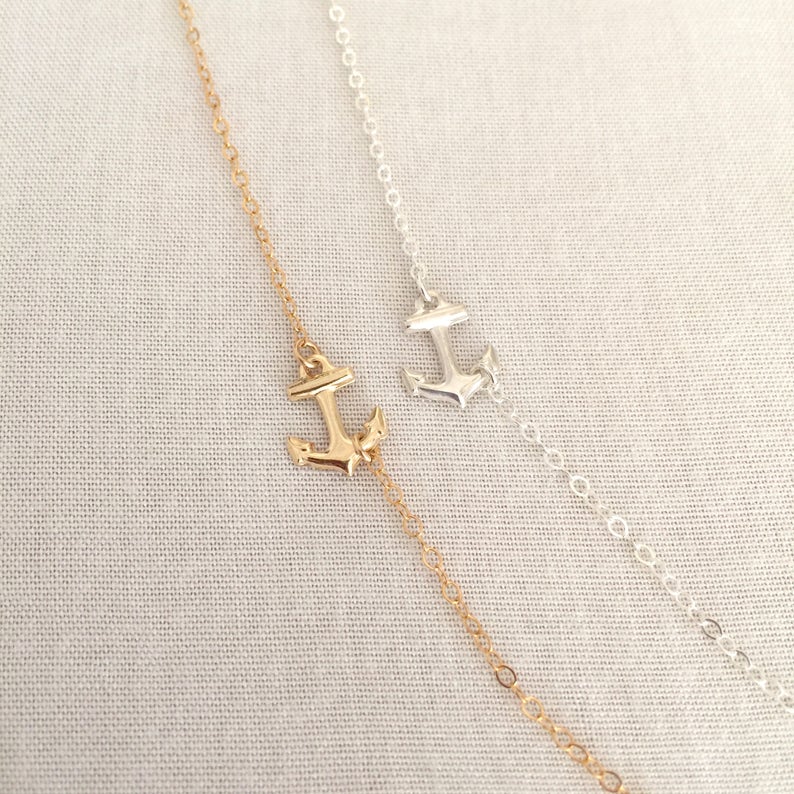 Navy Wife Gift Beach Necklace Bridesmaid Gift Sideways Anchor Necklace Sterling Silver Anchor 14K Gold Fill Anchor Navy Mom Necklace
