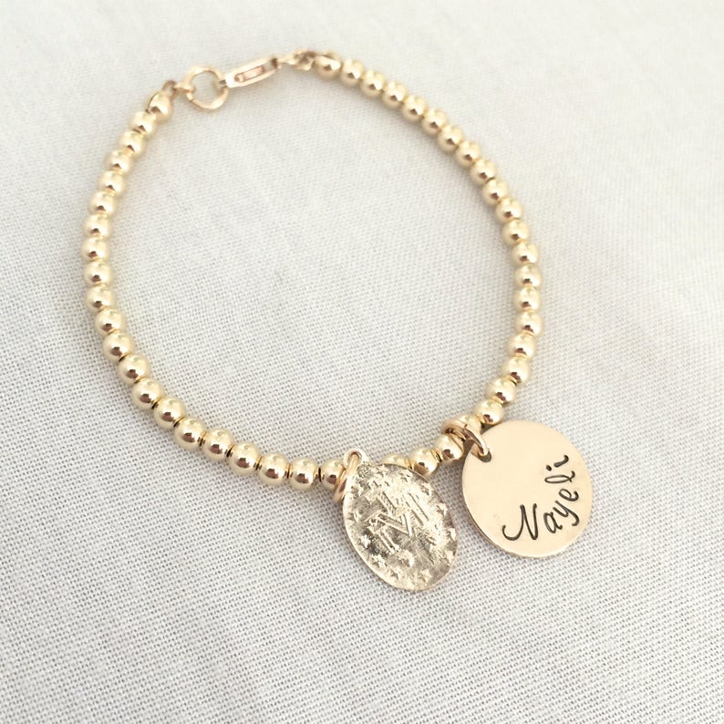 Personalized Virgin Mary Bracelet Gold Name Bracelet Beaded Etsy