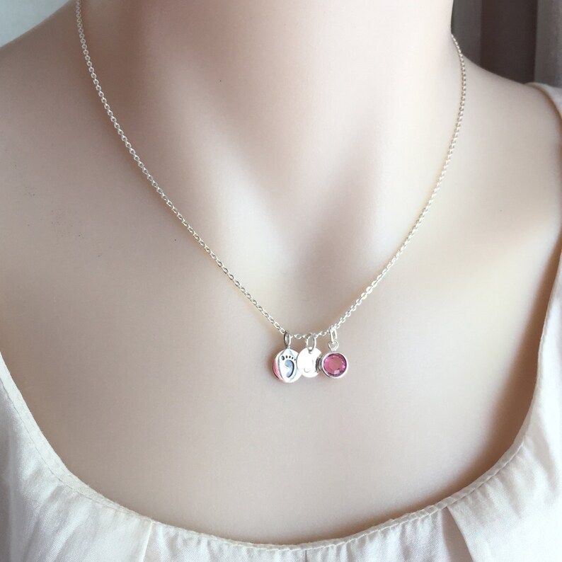 Dainty Necklace Silver Disc New Mom Child Necklace Initial Necklace Mothers Day Mother/'s Necklace Foot Print Necklace Personalised