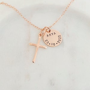 Personalised Baby Girl or Boy Baptism Necklace, First Communion Gift, Rose Gold Cross, Christening Jewelry, Goddaughter Gift, Cross Necklace