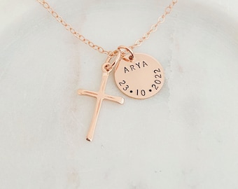 Collar de bautismo personalizado para niña o niño, regalo de primera comunión, cruz de oro rosa, joyería de bautizo, regalo para ahijada, collar con cruz.