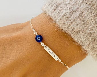 Personalized Evil Eye Bracelet, Evil Eye Jewelry, Bar Bracelet, Dainty Bar, Baby Bracelet, Protection Bracelet, Blue Evil Eye