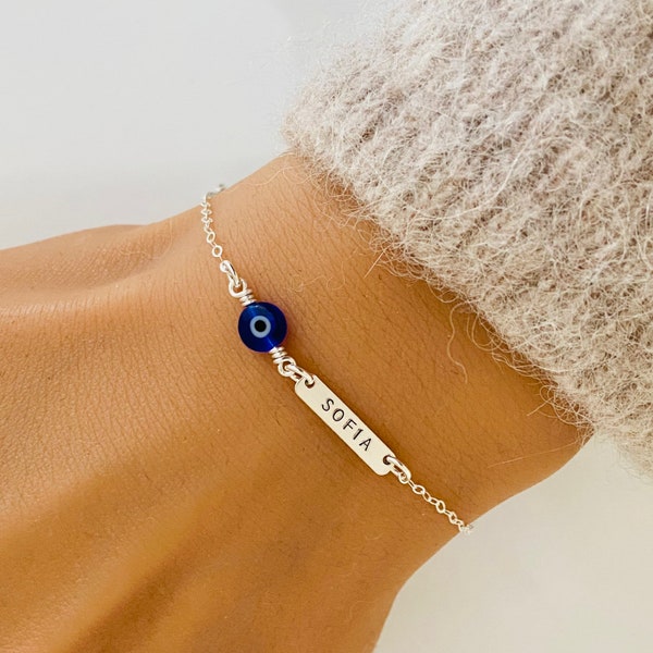 Personalized Evil Eye Bracelet, Evil Eye Jewelry, Bar Bracelet, Dainty Bar, Baby Bracelet, Protection Bracelet, Blue Evil Eye