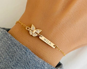 Personalised Gold Butterfly Bracelet, Cubic Zirconia Jewelry, Little Girl Bracelet, Birthday Gift, Fly With Butterfly, Memorial Gift