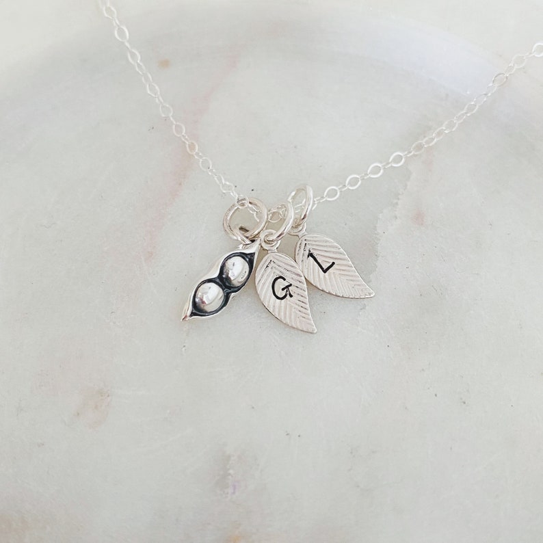May include: A silver necklace with a pea pod charm and two leaf charms with the letters "G" and "L" engraved on them.