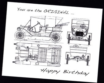 Happy Birthday Greeting Card - Diagram of a Vintage Model-T Car ... the Original