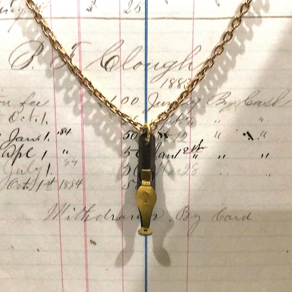 Pendant Necklace with a Vintage Calligraphy Dip Pen Nib on a Bright Gold-toned Chain Handmade in USA