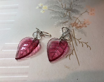 Handmade Earrings Victorian Red Glass Leaves Silver Plated