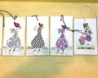 Vintage Bridge Table Tally Score Cards Handmade Set/6 Ladies with Fancy Hats 1940s