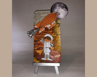 MOON FANTASY Rocket Blimp to the Moon Found Object Collage Metal Art Card with Mini-Easel