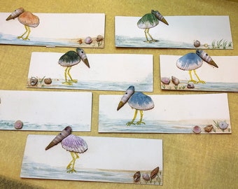Vintage Game Table Place Cards Handmade Set/7 Beach Birds Shells 1940s