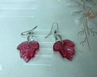 Handmade Earrings Victorian Red Glass Maple Leaves Silver Plated