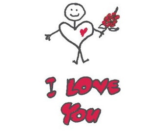 Greeting Note Card - I Love You ... Happy heart man holding flowers