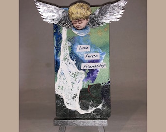 LOVE PEACE & FRIENDSHIP Winged Cherub Found Object Collage Metal Art Card with Mini-Easel