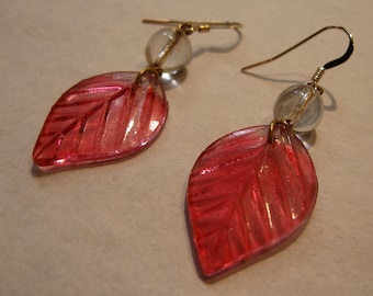 Handmade Earrings Victorian Red Glass Leaves Gold-Filled