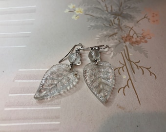 Handmade Earrings Victorian Clear Glass Leaves Silver Plated