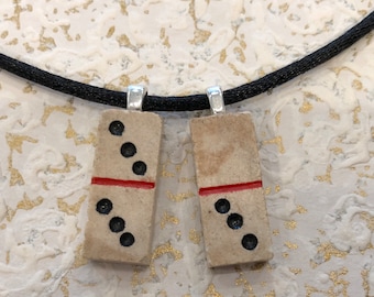 Antique Mini Domino Pendant Necklace Composite Ceramic Vintage