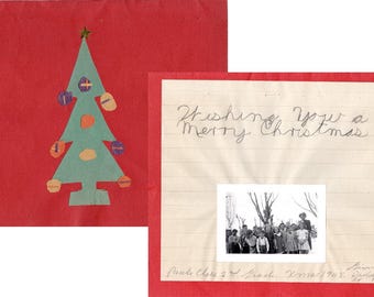Vintage Handmade Child's Illustrated Christmas Card Poem Photo 2nd Grader 1948 Three Pine Trees