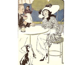Greeting Note Card - French Lady in Bistro with Cat