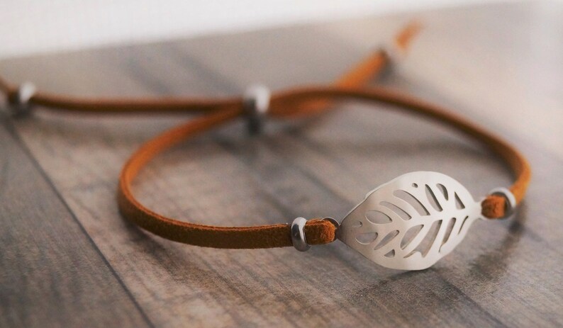 Tree leaf bracelet delicate balance caramel faux suede