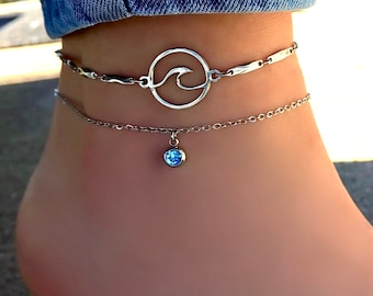 Stainless steel 'Inner Strength' anklets duo. wave charm