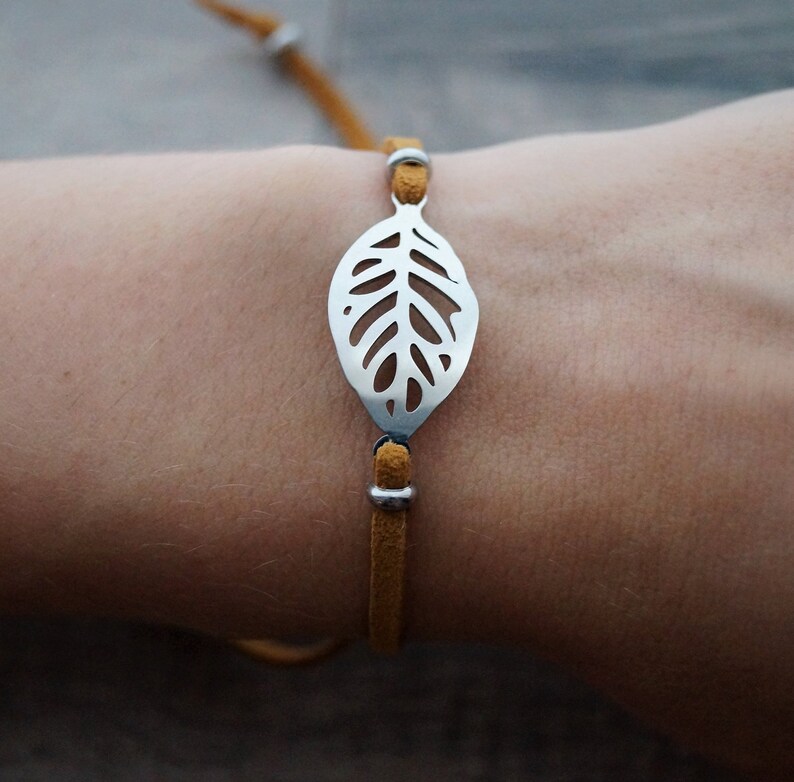 Tree leaf bracelet delicate balance caramel faux suede