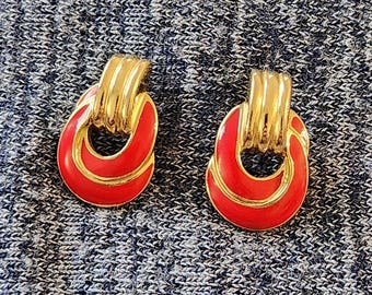 Trifari Red Enamel and Gold Tone Signed Vintage Stud Earrings