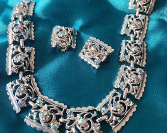 Chiani Vintage Aurora Borealis Rhinestone Necklace and Clip-On Earrings Set