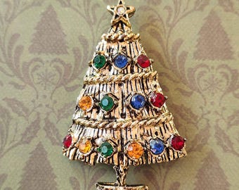 Vintage Christmas Tree Rhinestone and Gold Tone Brooch